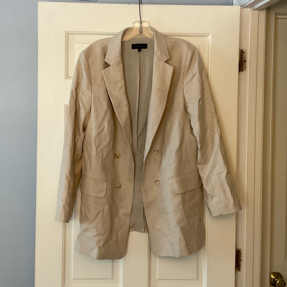 Talbots Beige Linen Blend Open Front Double Breasted Blazer Size 16 work office